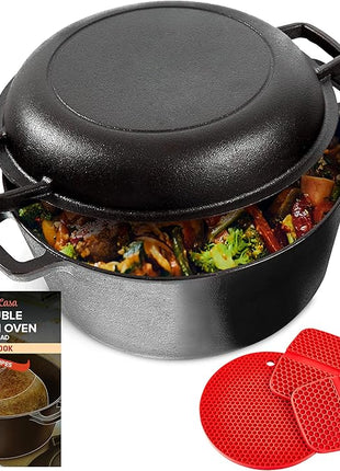 Uno Casa 2-in-1 Cast Iron Dutch Oven Large - 5 Quart Dutch Oven Pot with Lid, Pre-Seasoned Cooking Dish for Bread Baking and Stews - Heavy Duty Cast Iron Pot with Detachable Frying Pan Lid for Versatile Cooking