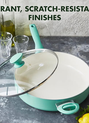 GreenPan Rio Healthy Ceramic Nonstick 5QT Saute Pan Jumbo Cooker with Helper Handle and Lid, PFAS-Free, Dishwasher Safe, Turquoise