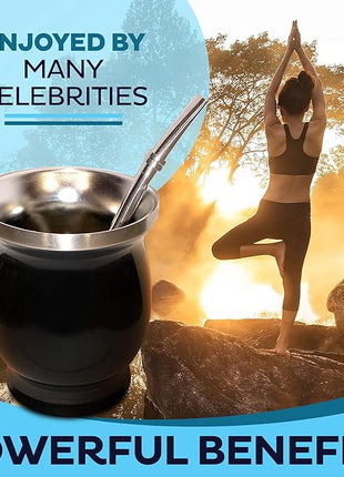 Norte Yerba Mate Cup Kit, 8-Ounces Traditional Mate Tea Cup/Gourd Set | Includes 2 Bombillas (Yerba Mate Straw) & Cleaning Brush, Stainless Steel Cup, Double-Walled, Easy to Clean | Black