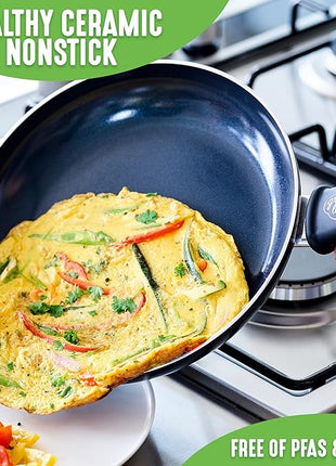 GreenLife Soft Grip Healthy Ceramic Nonstick 12 Piece Kitchen Cookware Pots and Frying Sauce Saute Pans Set, PFAS-Free with Kitchen Utensils and Lid, Dishwasher Safe, Black