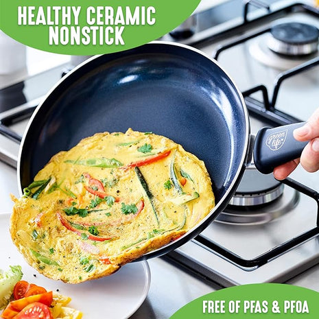 GreenLife Soft Grip Healthy Ceramic Nonstick 12 Piece Kitchen Cookware Pots and Frying Sauce Saute Pans Set, PFAS-Free with Kitchen Utensils and Lid, Dishwasher Safe, Black
