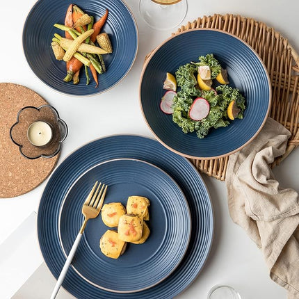 RINGAR Round Stoneware 16pc Dinnerware Set of 4, Dinner Plates, Side Plates, Cereal Bowls, Mugs - Speckle Matte Blue (428051)