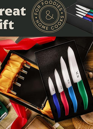 Vos Ceramic Knife Set with Block, Ceramic Knives Set For Kitchen, Ultra Sharp Kitchen Knife Set with Covers, 3" 4" 5" 6" Chef Knife, Utility, Paring & versatile, Light & Dishwasher safe (Multi-Color)