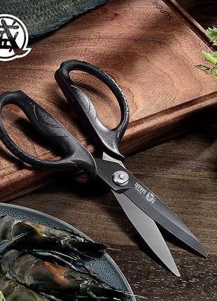 MITSUMOTO SAKARI Japanese Kitchen Scissors, All Purpose, Black Titanium Plated Heavy Duty, Multipurpose Cooking and Herb Scissors with Micro Serrated Edge