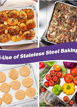 TeamFar Toaster Oven Pan Set of 2, Stainless Steel Toaster Oven Baking Tray Ovenware, 12.5’’x 9.5’’x1’’, Non Toxic & Healthy, Rust Free & Mirror Finish, Easy Clean & Dishwasher Safe