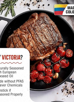 Victoria Cast Iron Round Grill Pan with Double Loop Handles, Made in Colombia, 10 Inches