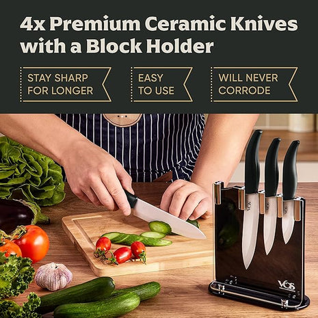 Vos Ceramic Knife Set with Block, Ceramic Knives Set For Kitchen, Ultra Sharp Kitchen Knife Set with Covers, 3" 4" 5" 6" Chef Knife, Utility, Paring & Versatile, Lightweight, Dishwasher safe (Black)