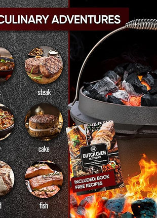 Pre-Seasoned Dutch Oven Set - 5 Quart Cast Iron Dutch Oven Pot with Lid, Fire Pot without Feet for Bread Baking & Cooking - Includes 2-in-1 Lid Lifter, Brush & Recipe Book [for 1-3 People]