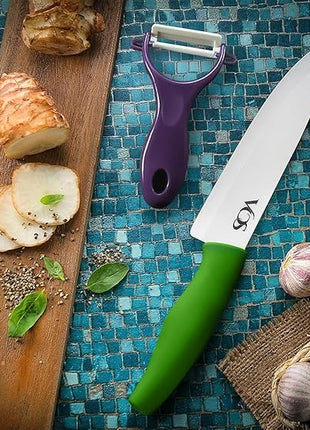 Vos Ceramic Knife with Peeler, Ceramic Knives Set For Kitchen, Ultra Sharp Kitchen Knife Set with Covers, 4"5"6"7"8" Paring, Chef Knife, Santoku & 2 more, Lightweight, Dishwasher safe (Multi-Color)