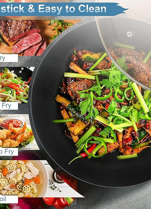Carbon Steel Wok Pan with Lid & Wood Spatula, 12.5" Cast Iron Stir Fry Pan with Flat Bottom and Wooden Handle for Electric, Induction and Gas Stoves