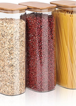 Liuruiyu Glass Storage Jars Set of 3, Clear Glass Food Storage Containers with Airtight Bamboo Lid Stackable Kitchen Canisters for Candy,Cookie,Rice,Sugar,Flour,Pasta(Flat)