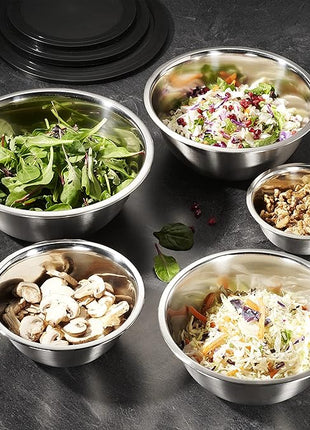 WHYSKO Stainless Steel Mixing Bowl Set, 10 Piece Stainless Steel Mixing Bowls with Lids Set for Food Prep Storage and Serving, Dishwasher Safe for Kitchen Baking Cooking, Silver