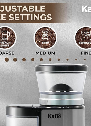 Kaffe Electric Burr Coffee Grinder (5.5oz) w/Adjustable Precise Coarseness Settings - Flat Burr - [Improved Motor] - Precision Coffee Bean Grinder for Home Use - Stainless Steel