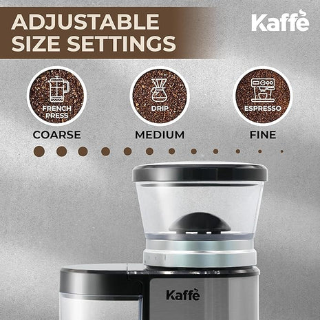 Kaffe Electric Burr Coffee Grinder (5.5oz) w/Adjustable Precise Coarseness Settings - Flat Burr - [Improved Motor] - Precision Coffee Bean Grinder for Home Use - Stainless Steel