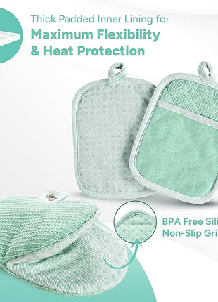 Casa Platino Heat Resistant Oven Mitts & Pot Holders, 4-Piece – Oven Mitt for Baking & BBQ, Potholders for Kitchens – Withstands Heat Up to 500°F, Soft, Durable & Non-Slip – Sage