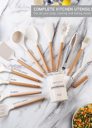 Country Kitchen Non Stick Silicone Utensil Set with Rounded Wood Handles for Cooking and Baking, 14 Piece Set, Khaki