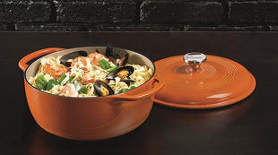 Lodge 6 Quart Enameled Cast Iron Dutch Oven with Lid – Dual Handles – Oven Safe up to 500° F or on Stovetop - Use to Marinate, Cook, Bake, Refrigerate and Serve – Pumpkin