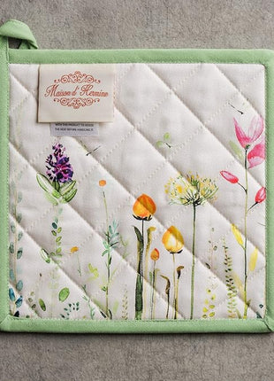 Maison d' Hermine Pot Holders 100% Cotton Heat Resistant Potholders 8" x 8" Hot Pads with Loop BBQ, Cooking, Baking, Grilling, Kitchen, Handling Hot Pans Spring/Summer (Pack of 1, Botanical Fresh)