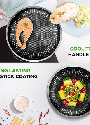 NutriChef 12" Stainless Steel Frying Pan with Lid- Triply Hybrid Large Skillet, Scratch-resistant Raised-up Honeycomb Fire Textured Pattern, Oven & DIshwasher Safe, NC3PL12