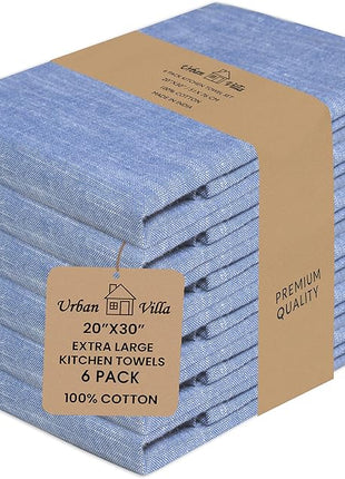 Urban Villa Kitchen Towels Premium Quality 100% Cotton Solid Kitchen Towels Set of 6 Ultra Soft Size 20x30 Inches Blue/White Color Highly Absorbent