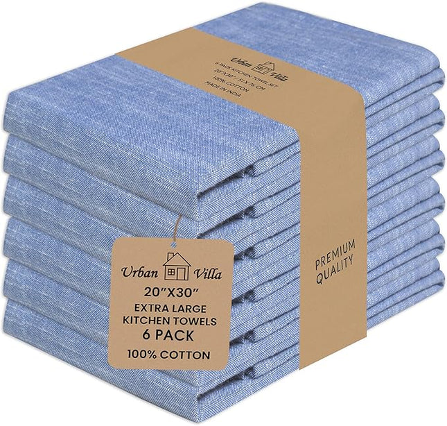 Urban Villa Kitchen Towels Premium Quality 100% Cotton Solid Kitchen Towels Set of 6 Ultra Soft Size 20x30 Inches Blue/White Color Highly Absorbent