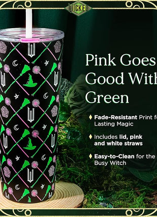 Dragon Glassware x WICKED Vacuum Insulated Tumbler with Lid and Straw - 24 oz Tumbler Cup with 2 Straws - Stainless Steel Tumbler with Straw for Water, Iced Tea - Wicked Movie Green Tumbler with Straw
