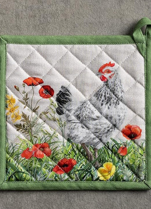 Maison d' Hermine Pot Holders 100% Cotton Heat Resistant Potholders 8" x 8" Hot Pads with Loop BBQ, Cooking, Baking, Grilling, Kitchen, Handling Hot Pans Spring/Summer (Pack of 1, Basse Cour)