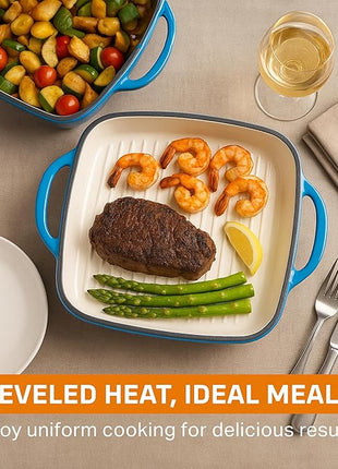 Bruntmor 2-in-1 Square Dutch Oven Casserole Dish with Lid, Dual Handles and Grill Pan for Baking, Braising and Grilling - Durable All-in-One Enameled Cast Iron Cookware Set for Kitchen, Whale Blue