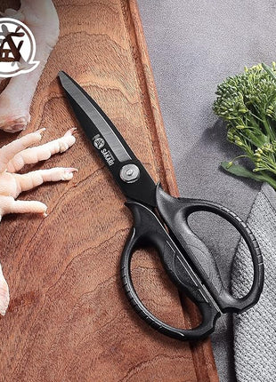 MITSUMOTO SAKARI Japanese Kitchen Scissors, All Purpose, Black Titanium Plated Heavy Duty, Multipurpose Cooking and Herb Scissors with Micro Serrated Edge