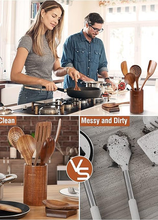 12 Piece Wooden Spoons for Cooking, Wooden Utensils for Cooking with Utensils Holder, Natural Teak Wooden Kitchen Utensils Set with Wooden Spoon Rest, Comfort Grip