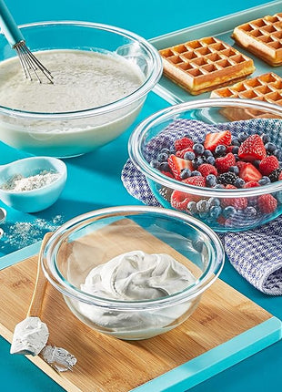 Pyrex Essentials (3-Piece) Glass Mixing Bowls Set For Prepping, Baking and Cooking, Preheated Oven, Dishwasher, Freezer, and Microwave Safe