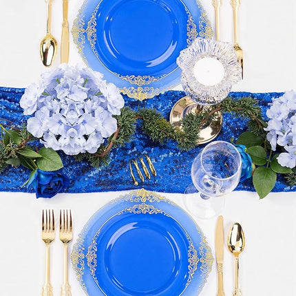 Nervure 350PCS Blue Plastic Plates - Blue Plastic Dinnerware Sets for 50 Guests - 100 Disposable Plates, 150 Gold Silverware, 50 Cups, 50 Napkins for Wedding & Party & Thanksgiving Day