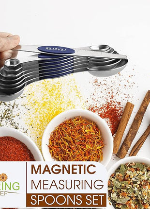 Spring Chef Stainless Steel Magnetic Measuring Spoons Set of 8 with Leveler, Heavy Duty Teaspoon & Tablespoon Measuring Spoons With Strong N45 Magnets, Kitchen Gadgets for Baking & Cooking - Sapphire