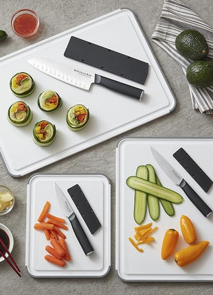 KitchenAid Classic Plastic Cutting Board with Perimeter Trench and Non Slip Edges, Dishwasher Safe, 12 inch x 18 inch, White and Gray