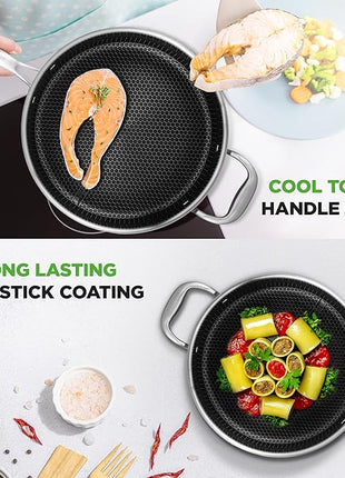 NutriChef 3.4QT Deep Frying Pan with Lid - Stainless Steel Non-Stick Saute Pan, Scratch-Resistant Honeycomb Texture, Oven & Induction Safe Skillet