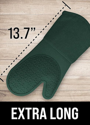 BPA-Free Silicone Oven Mitts Ultra Heat Resistant up to 500°F - Oven Mitts with Thick Cotton Liner - Long Slip Resistant Pot Holders, Flexible Oven Gloves - Green 13.7
