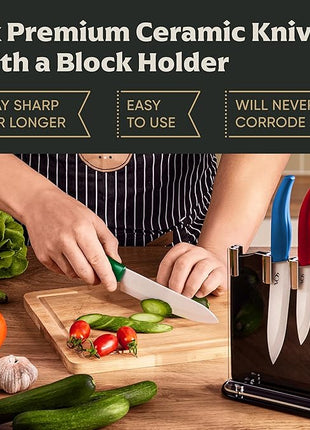 Vos Ceramic Knife Set with Block, Ceramic Knives Set For Kitchen, Ultra Sharp Kitchen Knife Set with Covers, 3" 4" 5" 6" Chef Knife, Utility, Paring & versatile, Light & Dishwasher safe (Multi-Color)