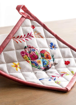 Maison d' Hermine 100% Cotton Oven Mitt & Pot Holder Set (7.5"x13" & 8"x8") Heat Resistant BBQ Cooking Gloves with Loop, Grilling, Kitchen, Handling Hot Pan Spring/Summer (Happy Florals - High Summer)