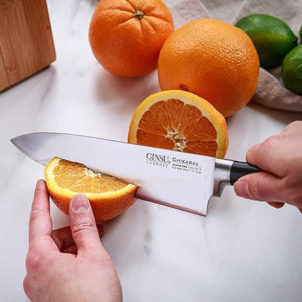 Ginsu Chikara Series Forged 8-Piece Japanese Knife Set, Black - Premium Cutlery Set with 420J Stainless Steel Kitchen Knives and Bamboo Block