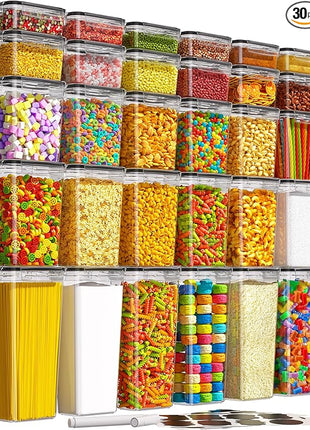 30 PCS Airtight Food Storage Containers with Lids, Kitchen Pantry Organization and Storage, BPA-Free Plastic Scale Food Canisters for Cereal, Flour, Sugar, Dry Food, Include Labels & Marker