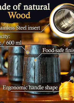 Beer Mug 20 OZ - Tankard Mug - Beer stein - Wooden beer mug - Stainless Steel Cup - Handmade Gifts for Men - Fathers Day, Christmas or Birthday Gift Idea - Men Mug - Retro Brown