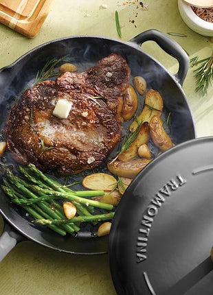 Tramontina Bestow Enameled Cast Iron Skillet with Lid, 12-inch Frying Pan, Smoke with Gold Knob