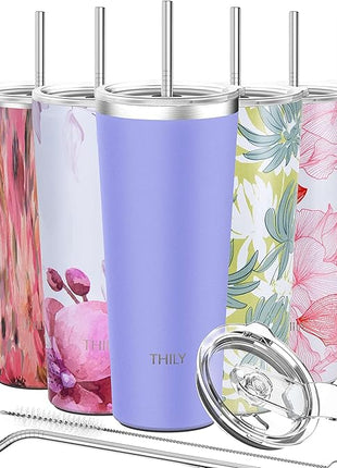 THILY Tumbler Stainless Steel Travel Mug 26 oz Triple-Insulated Coffee Cup with 2 Lids and Straws, Reusable, Powder Coated, Splash-Proof, Keep Ice Drinks Cold, Lavender