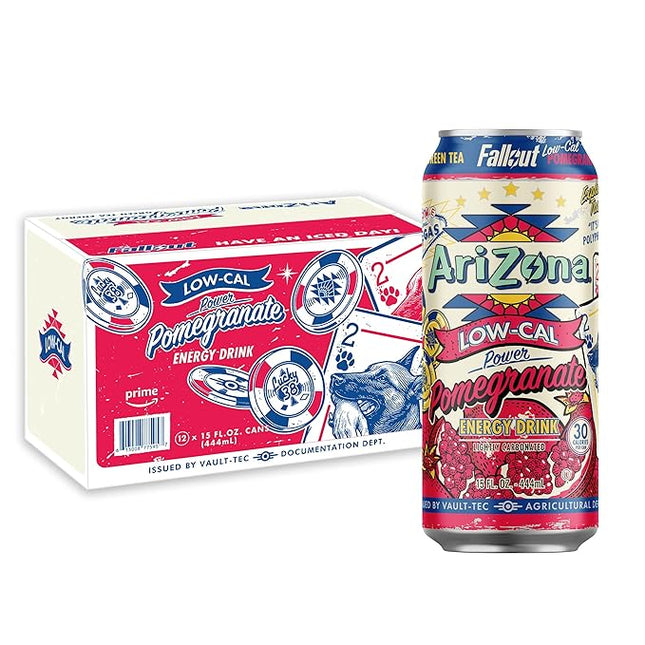 AriZona x Fallout Low Calorie Pomegranate Green Tea Energy Drink, 15 fl oz (Pack of 12) - 190mg Caffeine per Can
