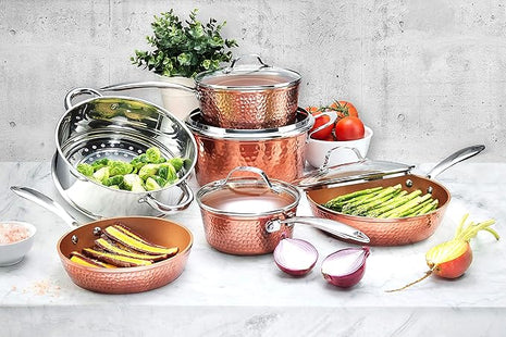 Gotham Steel Hammered Collection Pots and Pans 10 Piece Premium Ceramic Cookware Set – with Triple Coated Ultra Nonstick Surface for Even Heating, Oven, Stovetop & Dishwasher Safe