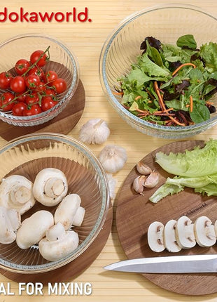 Set of 3 Stackable Space-Saving Nesting Glass Salad Bowls with Acacia Lids for Foodprep, Storage, Baking, Mixing & Cooking - Microwave Safe Durable Inert Borosilicate Glass