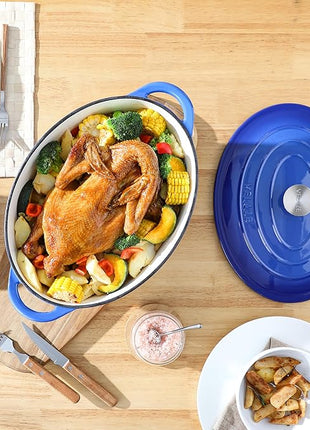 Velaze 7.5 QT Enameled Oval Dutch Oven Pot with Lid, Cast Iron Dutch Oven with Dual Handles for Bread Baking, Cooking, Frying, Non-stick Enamel Coated Cookware（Blue)