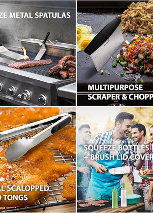 Metal Spatula and Scraper Set - Griddle Accessories kit - Grill Tongs Flat Spatula Pancake Flipper Hamburger Turner Squeeze Bottles Set - Metal Utensil Great for BBQ Grill Flat Top Cast Iron