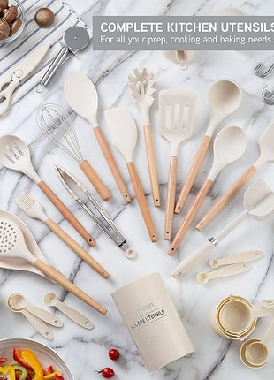 Country Kitchen Non Stick Silicone Utensil Set with Rounded Wood Handles for Cooking and Baking, 38 Piece Set, Khaki