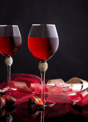 Trinkware Set of 2 Wine Glasses - Rhinestone "DIAMOND" Studded With Silver Rim - Long Stem, 16oz, 10-inches Tall - Elegant Glassware And Stemware